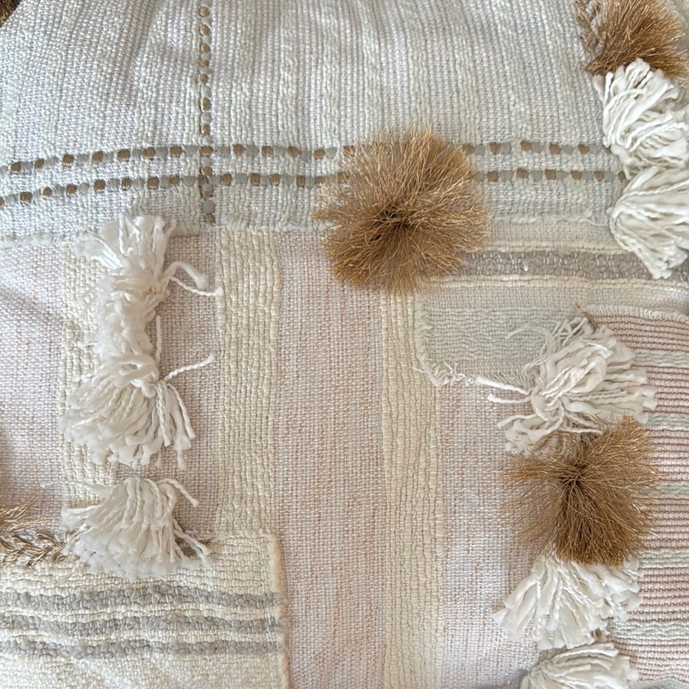 Anthropologie Cream and Tan Bohemian Pillow with Fringe - Picture 3 of 6